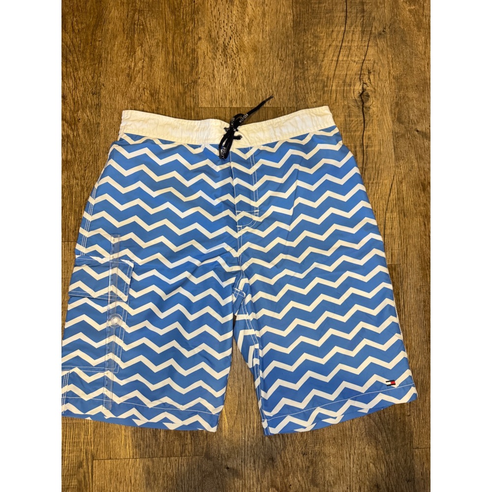 Tommy Hilfiger Mens Blue White Chevron Swim Trunks Board Shorts Size M Cargo